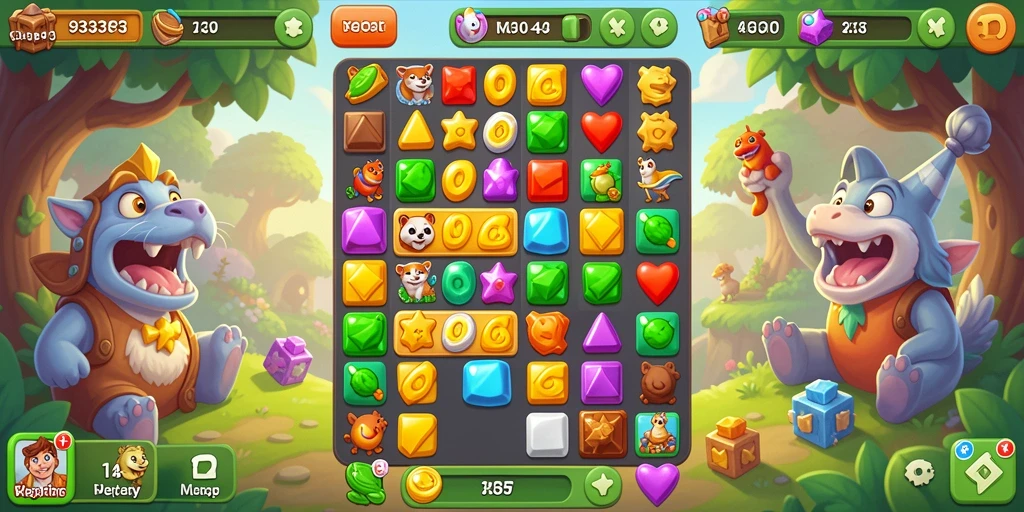 Screenshot gameplay Match-3 yang menarik dan penuh warna.